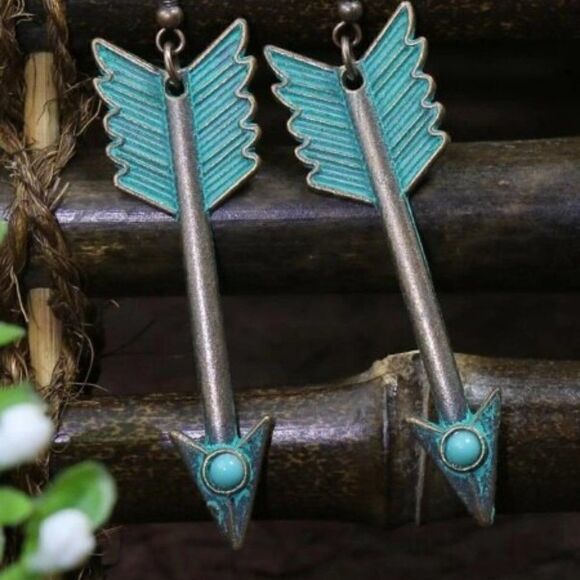 Bronze Turquoise Arrow Dangle Earrings - Picture 2 of 7